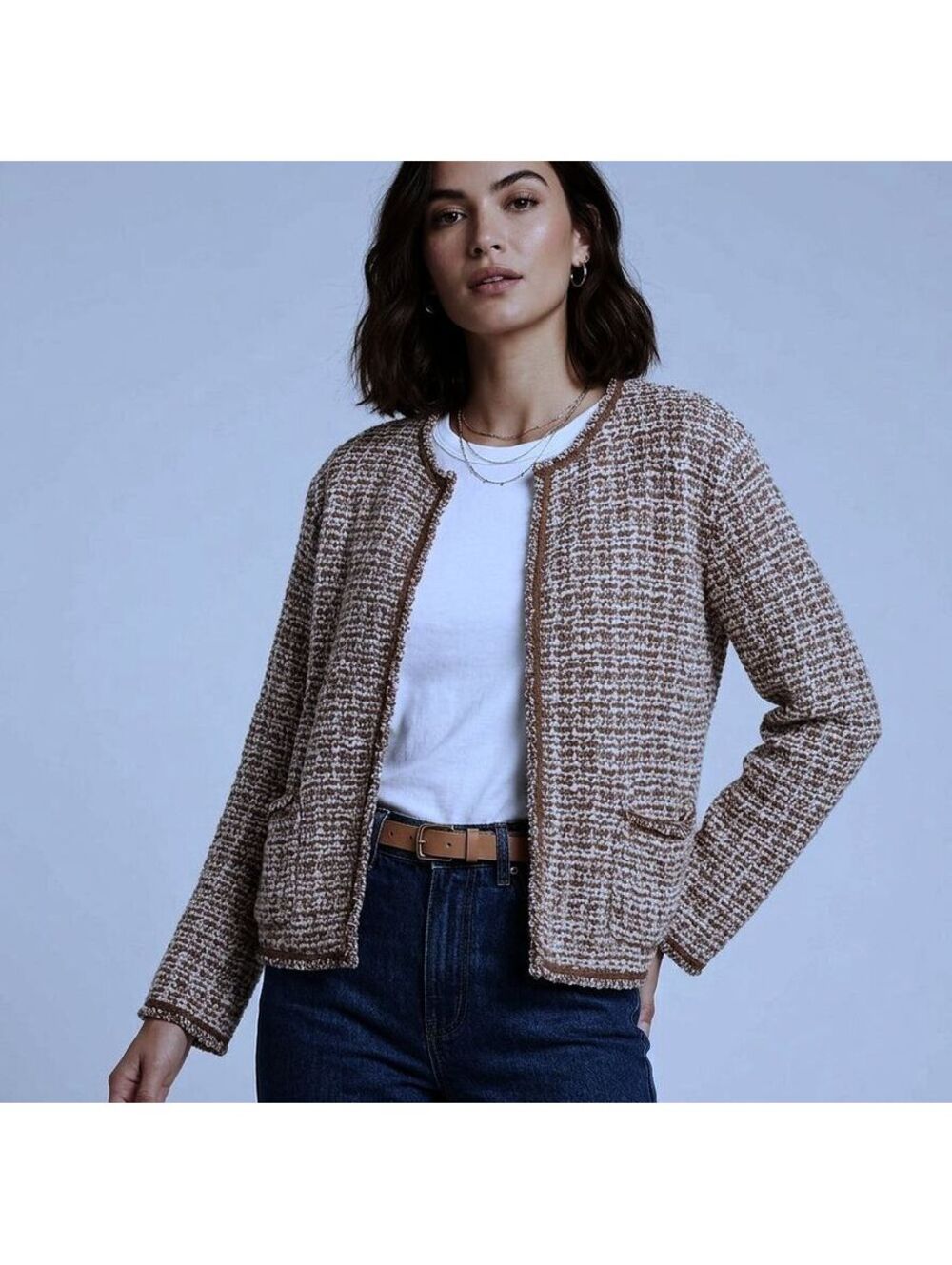 Max Studio London Brown and Cream  Boucle Nubby Knit Cardigan Jacket Large